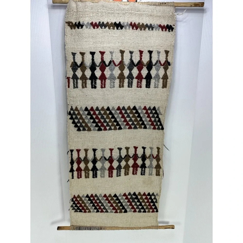 Vintage Mexican Hand Woven Wool‎ Tapestry Folk Art Geometric Anthropomorphic